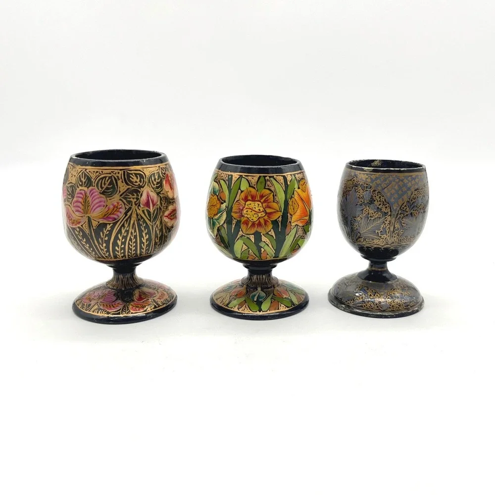 Vintage Hand Painted Floral Lacquerware Goblets Set of 3 Black Gold Decorative